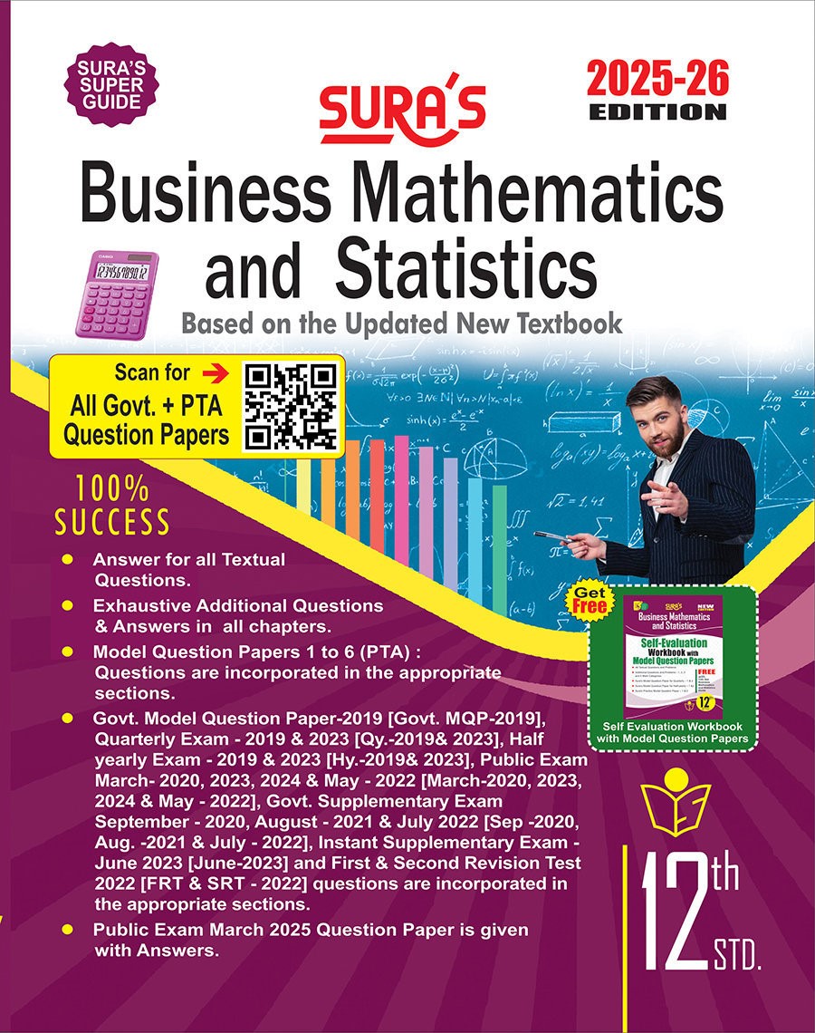 SURA`S 12th Std Business Mathematics and Statistics Exam Guide in English Medium 2025-26 Latest Updated Edition