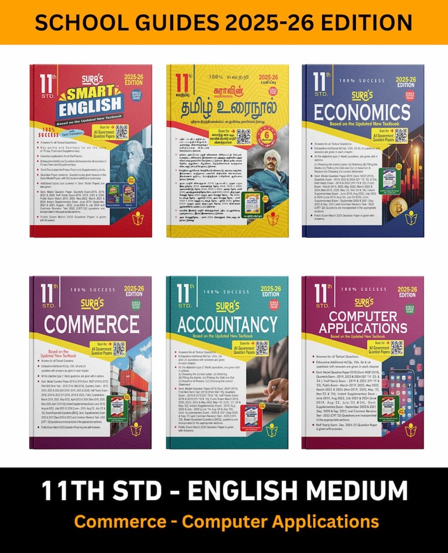 SURA`S 11th STD All subjects in 1 bundle Offer For commerce with computer applications group students (Tamil, English,Commerce,Accountancy,Economics,Computer applications) Set of 6 Guides - English Medium 2025-26 Edition