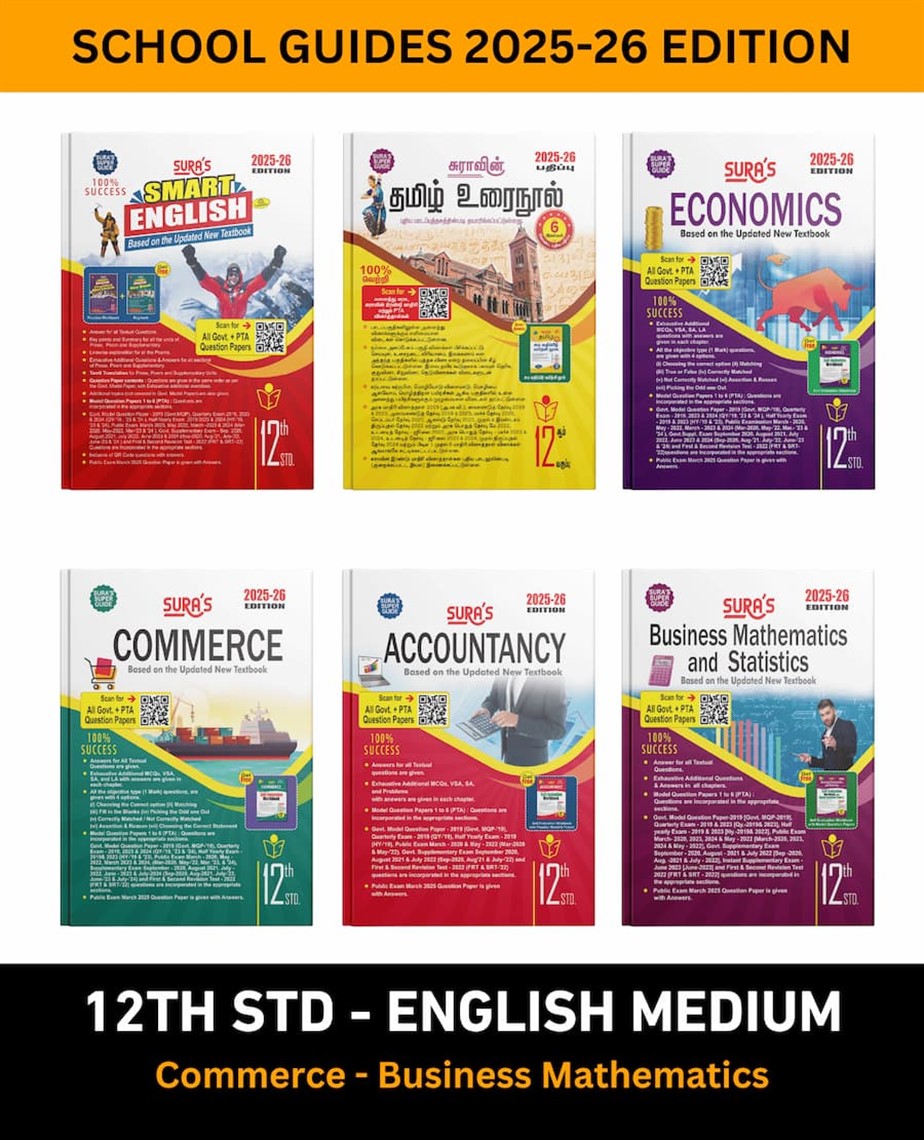 SURA`S 12th STD All subjects in 1 bundle Offer For commerce group students (Tamil, English,Commerce,Accountancy,Economics,Business Mathematics) Set of 6 Guides - English Medium 2025-26