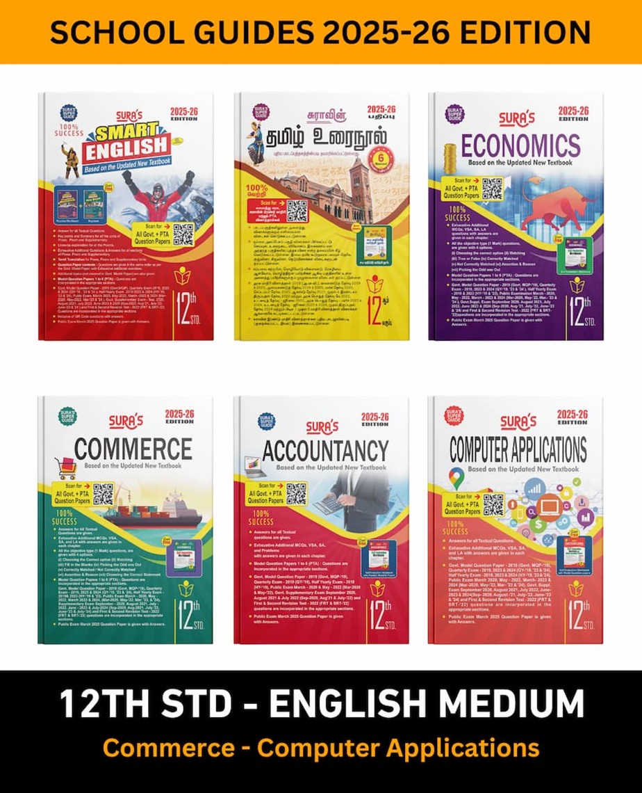 SURA`S 12th STD All subjects in 1 bundle Offer For commerce with computer applications group students (Tamil, English,Commerce,Accountancy,Economics,Computer applications) Set of 6 Guides - English Medium 2025-26