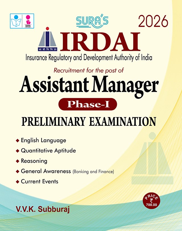 SURA`S IRDAI Assistant Manager Phase I Preliminary Exam Book English Medium - Latest Updated Edition 2026