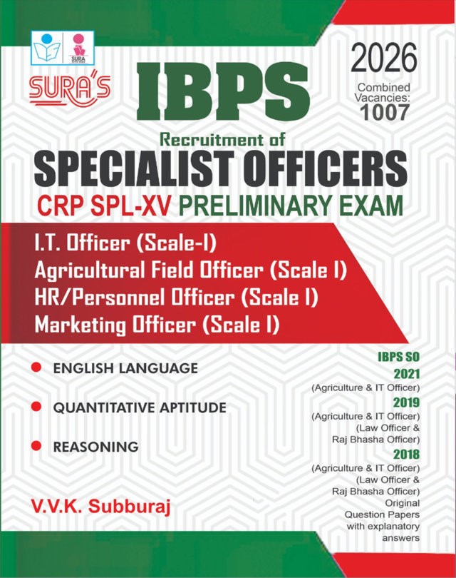 SURA`S IBPS SO Specialist Officers CRP SPL-XV Preliminary Exam Book Guide I.T. Officer, Agricultural Field Officer, HR/Personnel Officer, Marketing Officer Scale I in English Medium 2026