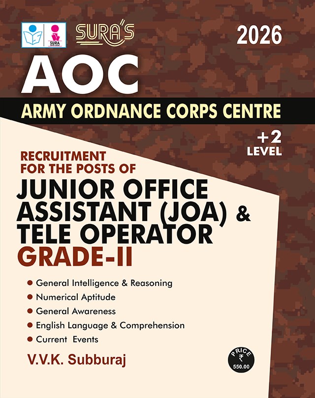 SURA`S Army Ordnance Corps Centre (AOC) Junior Office Assistant (JOA) & Tele Operator Grade II Plus Two Level Exam Book Guide in English Medium 2026