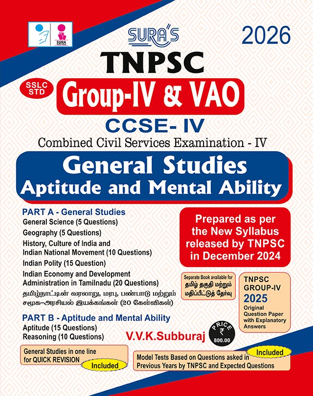 SURA`S TNPSC Group-IV CCSE-IV General Studies and Aptitude and Mental Ability Exam Book Guide in English Medium 2026