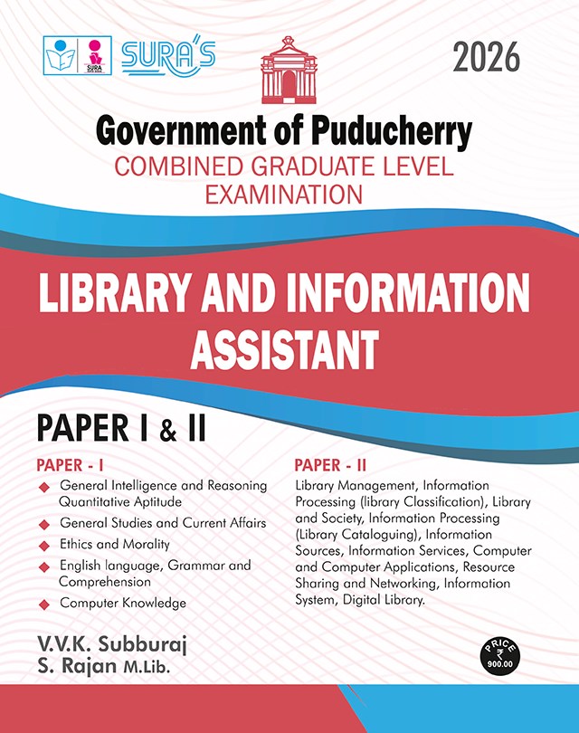 SURA`S Government of Puducherry (CGL) Library and Information Assistant Paper I & II Exam Guide 2026 - Latest Updated Edition