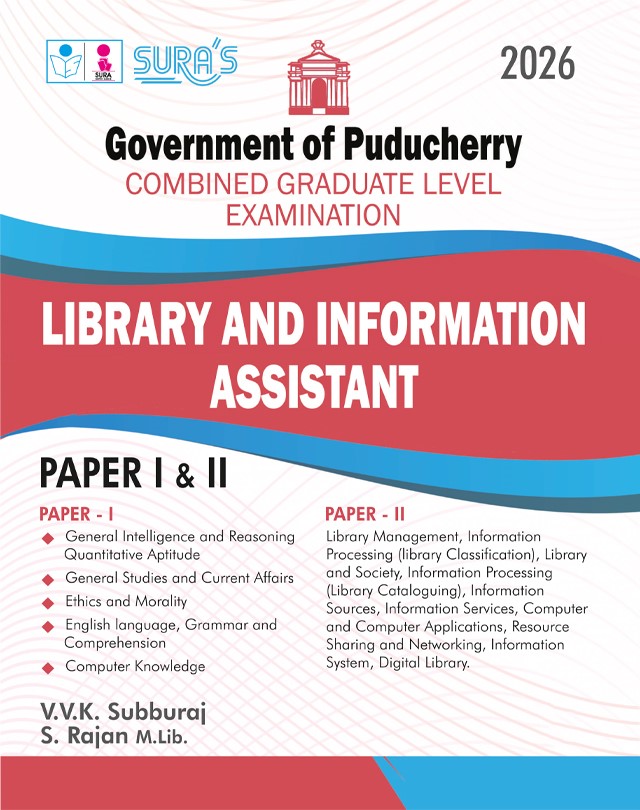 SURA`S Government of Puducherry (CGL) Library and Information Assistant Paper I & II Exam Guide 2026 - Latest Updated Edition