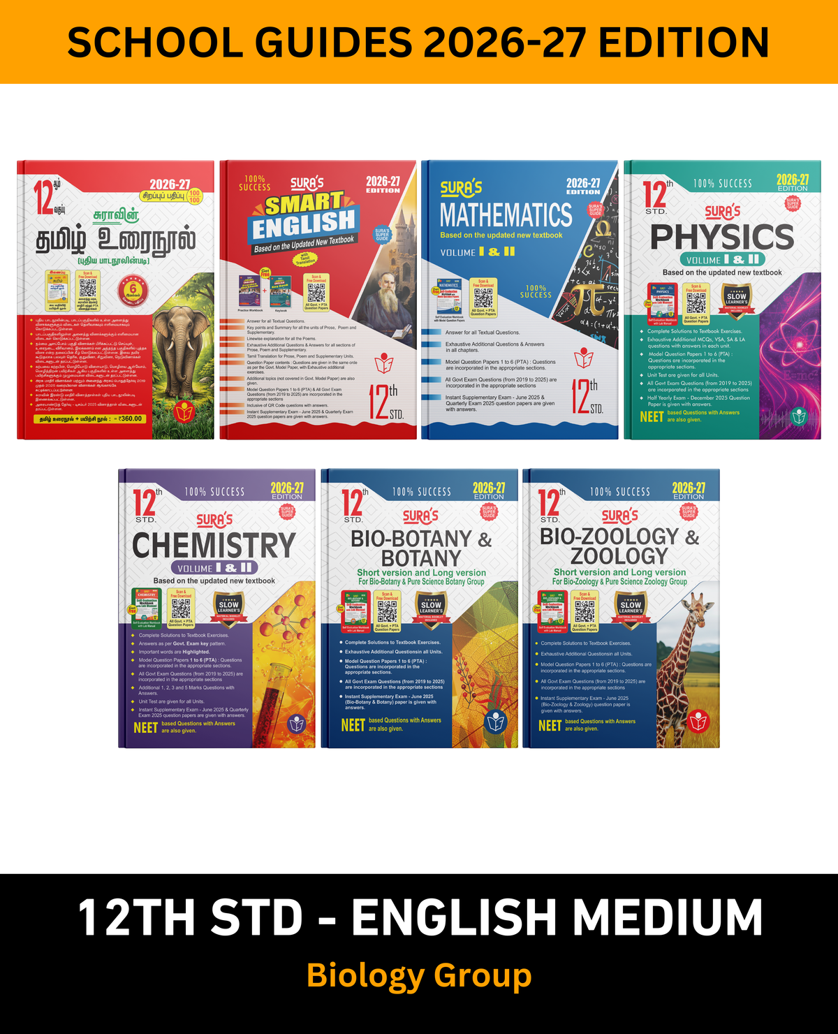 SURA`S 12th STD All Subjects In 1 Bundle Offer (Tamil, English, Physics, Mathematics, Chemistry, Bio-Botany, Bio-Zoology) Set Of 7 Guides For Biology ... On Samacheer Kalvi Textbook
