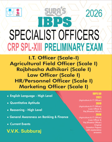 SURA'S IBPS Specialist Officers CRP SPL-XIII 2026 – Preliminary Exam (IT Officer, Agricultural Field Officer, Rajbhasha Adhikari, Law Officer, HR/Personnel Officer & Marketing Officer) Exam Guide