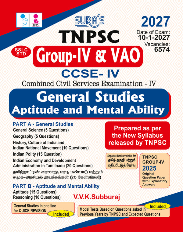 SURA`S TNPSC Group-IV CCSE-IV General Studies and Aptitude and Mental Ability Exam Book Guide in English Medium 2026