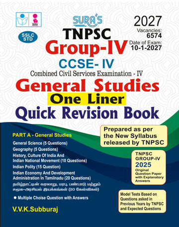 SURA`S TNPSC Group IV General Studies ONE LINER Exam Book Guide Quick Revision Book in English Medium 2026
