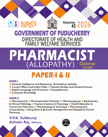 SURA`S Government of Puducherry PHARMACIST (Allopathy) Diploma Level Paper I & II Exam Book Guide English Medium 2026