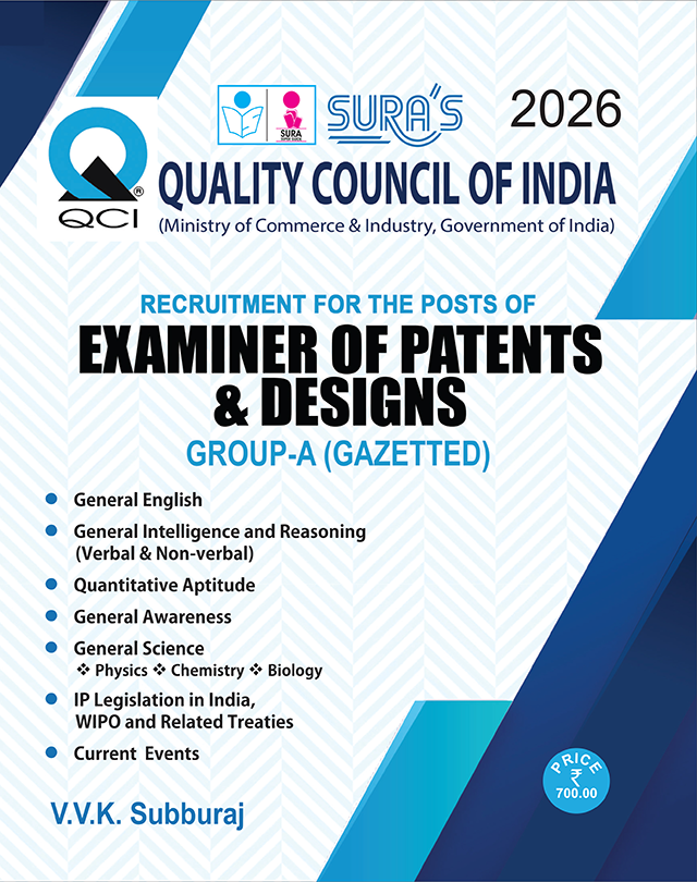 SURA`S QCI (Quality Council of India) Examiner of Patents and Designs Group A Gazetted Exam Book Guide in English 2026